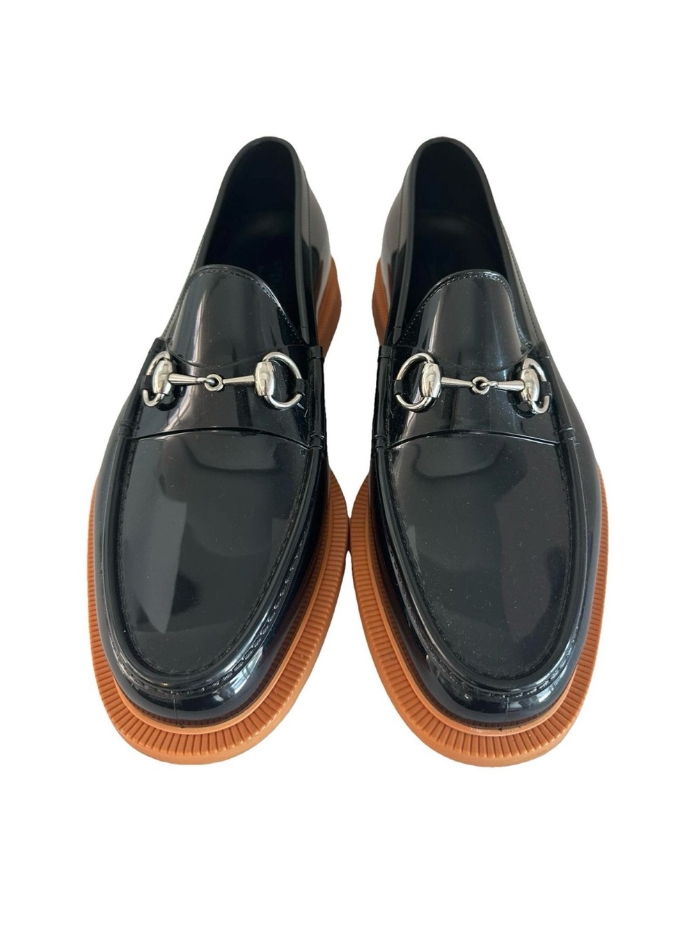 Gucci Black Patent Leather Horsebit Loafers with Orange Rubber Sole 8UK